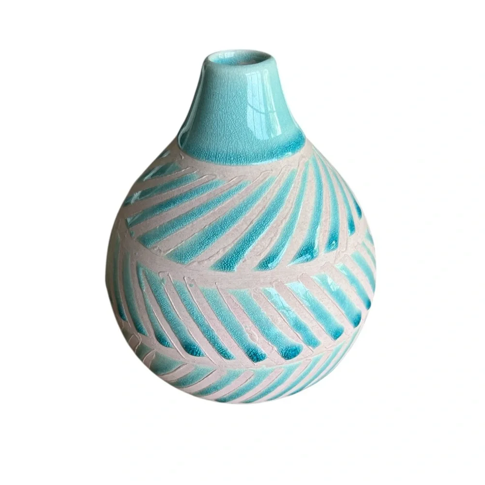 New Pier 1 Turquoise and cream Ceramic Vase